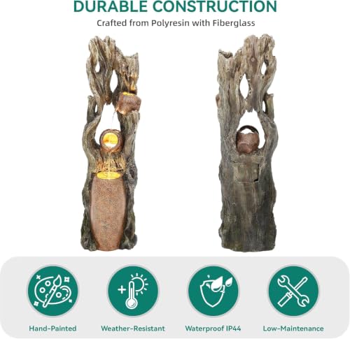 42.7" 3 Tier Outdoor Water Fountain LED Tree Trunk Jar Waterfall