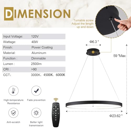Modern LED Pendant Light Black Ring Chandelier 24" Dimmable Flush Mount Pendant Chandelier for Dinning Room Office Kitchen Living Room