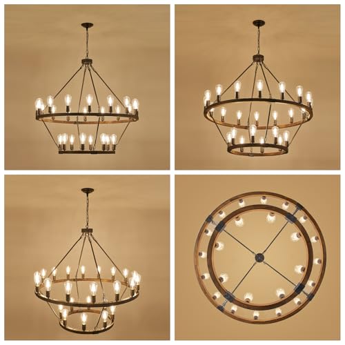 2 Tier Farmhouse Wagon Wheel Chandelier 43" Rustic Large Chandelier (24 Count)