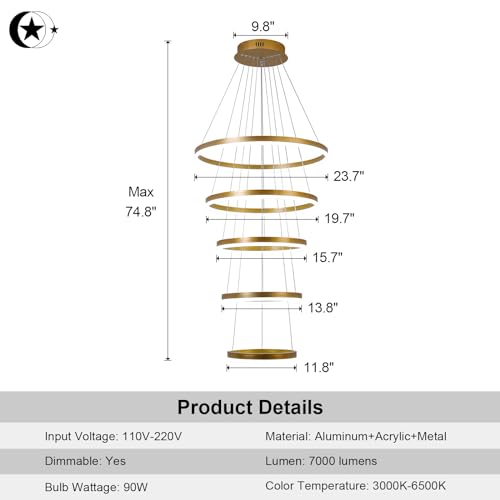 5 Rings Modern LED Chandelier Gold Dimmable High Ceiling Chandelier for Dining Room with Remote Control for Foyer Living Room Entryway Staircase