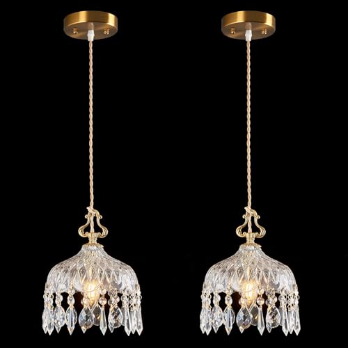 Brass Vintage Glass Pendant Light Crystal Hanging Light Fixtures (2 Count)