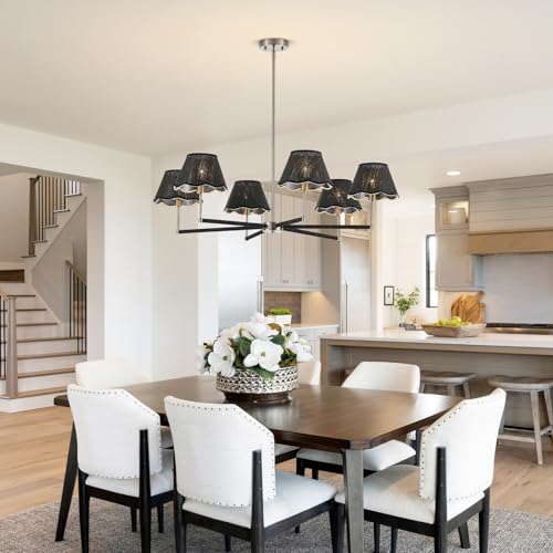 39" Boho Rattan Chandelier Large Adjustable Modern Black and Brushed Nickel Pendant Light for Kitchen Island Dining Living Room