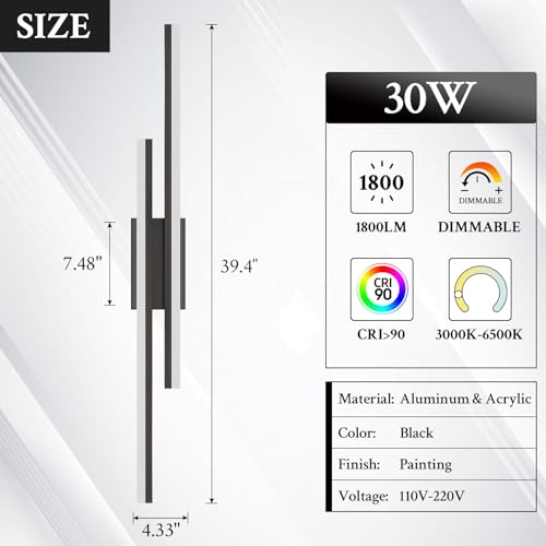 LED Wall Sconce Black Modern Remote Wall Light Fixtures for Living Room