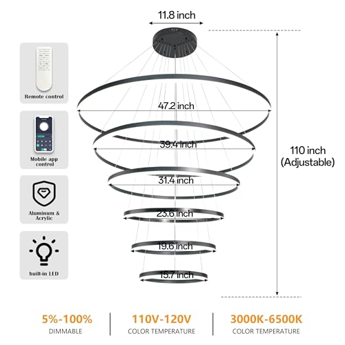 6 Rings Pendant Lights 47.2'' Modern Black Led Chandelier Dimmable Height Adjustable Chandeliers Color Temperature Black Chandelier Led Pendant Light for Dining Room Bedroom Entryway