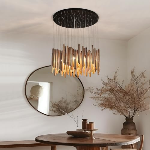 12 Light Wood Chandelier Light Fixture Boho Pendant Light Rustic Large Hanging lamp for Farmhouse Living Doom Entryway Entrance Dinning Room Foyer Kitchen