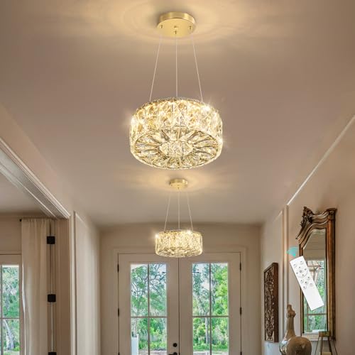 Modern Crystal Chandelier for Dining Room Dimmable LED Pendant Ceiling Light Fixtures with Remote for Entrance Bedroom Kitchen Island Gold