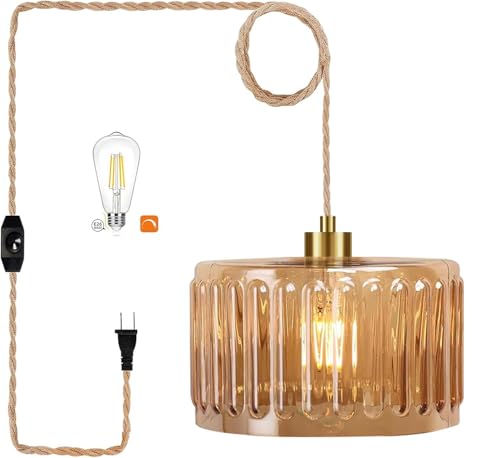Plug in Pendant Light Hanging Lights with in Cord Mid Century Modern Gold Hanging Lamp Flower Glass Amber Vintage Dimmable Chandelier Ceiling Fixture for Living Room