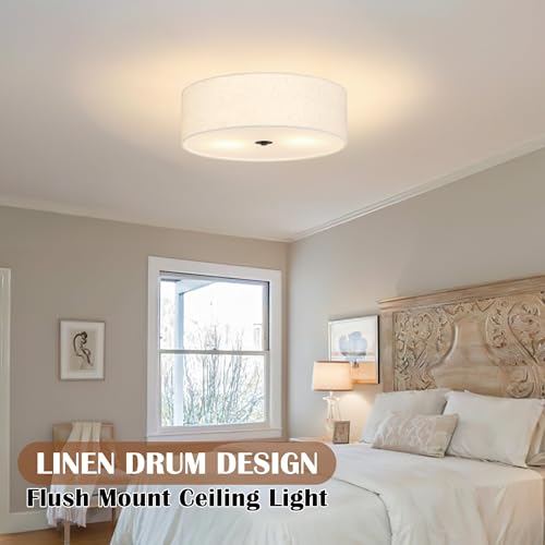 16 Inch 3 Light Drum Modern Black Ceiling Light Fixture Flush Mount Ceiling Light Fixture Dimmable Close to Ceiling Light Fixture with Fabric Shade for Living Room Hallway Entryway Bedroom