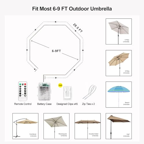 Patio Umbrella Lights Cordless LED Market Table Umbrella Lights with Remote Control Battery Operated Waterproof Parasol String Lights
