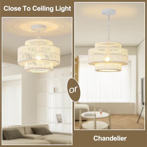 12.4" Large Boho Rattan Farmhouse Chandeliers for Dining Room