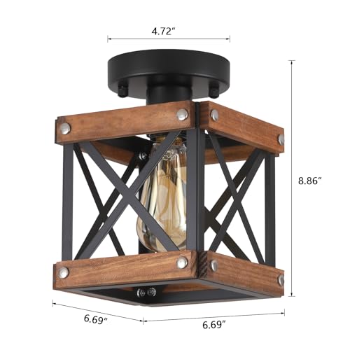 Rustic Farmhouse Wood Flush Mount Ceiling Light Fixture Oak Wood and Metal Square Cage Small Semi Flush Mount Ceiling Light for Kitchen Hallway Entry Bedroom Country Farmhouse