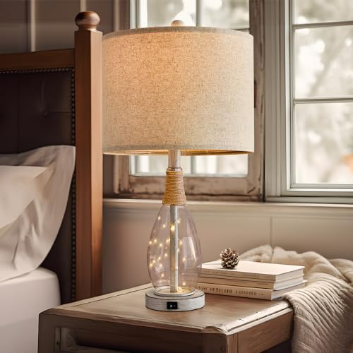 23" USB A+C Table Lamp for Bedroom Living Room Modern Bedside Lamps Retro Farmhouse Rattan Glass Nightstand Nightlight Lamps