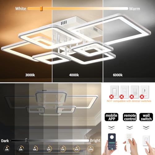 Modern LED Ceiling Lights for Bedroom Dimmable Modern 6 Ring Square Ceiling Lights for Living Room with Remote Control White Bedroom Ceiling Lamp Fixures for Kitchen