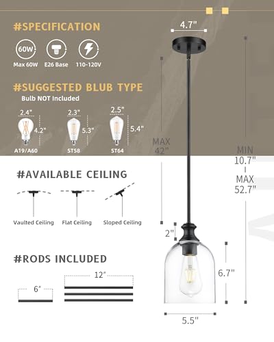 Modern Black Pendant Lights Kitchen Island Cylinder Glass