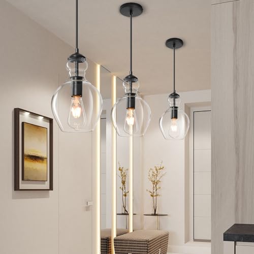Black Clear Glass Pendant Lighting for Kitchen Island Entryway 7 Inch
