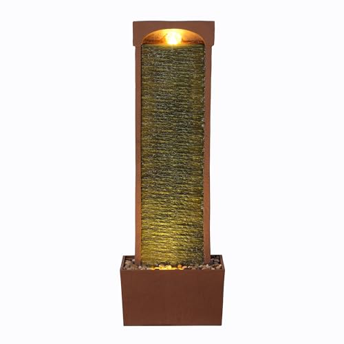 38.5" Indoor Outdoor Modern Curved Faux Slate Waterfall Fountain with LED Lights