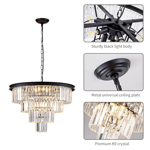 10 Light Black Crystal Chandelier 24'' Modern Round Chandeliers for Dining Room Contemporary Ceiling Pendant Light Fixture 4