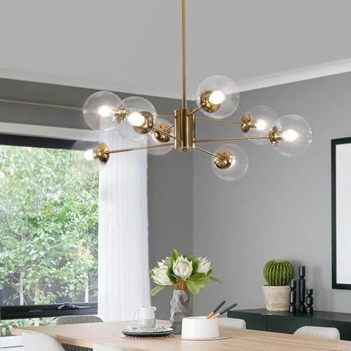 8 Light Modern Brass Gold Sputnik Chandelier with Clear Glass Globe