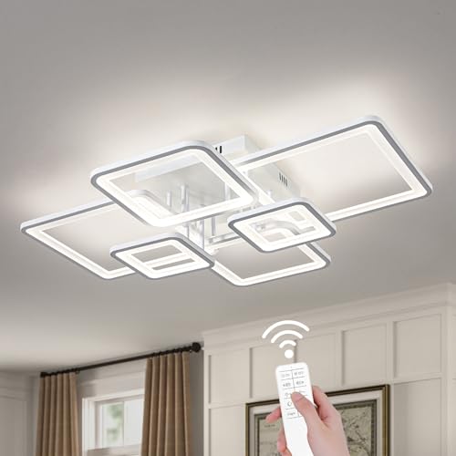 Modern LED Ceiling Lights for Bedroom Dimmable Modern 6 Ring Square Ceiling Lights for Living Room with Remote Control White Bedroom Ceiling Lamp Fixures for Kitchen