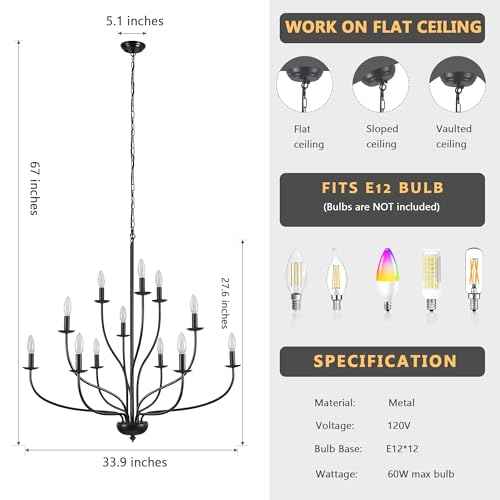 Black Chandelier 12 Light, Large Modern Farmhouse Chandeliers for Dining Room, Industrial Candle Pendant Lighting Fixture for Foyer Hallway Entryway High Ceiling, Bedroom, Living Room, Kitchen E12
