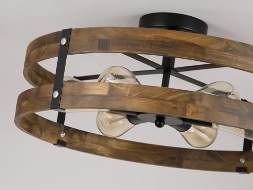 6 Light Large Rustic Farmhouse Wood Flush Mount Ceiling Light Fixture 20 inch Oak Wood and Metal Round Drum Semi Flush Mount Ceiling Light for Hallway Entry Farmhouse Bedroom Living Room