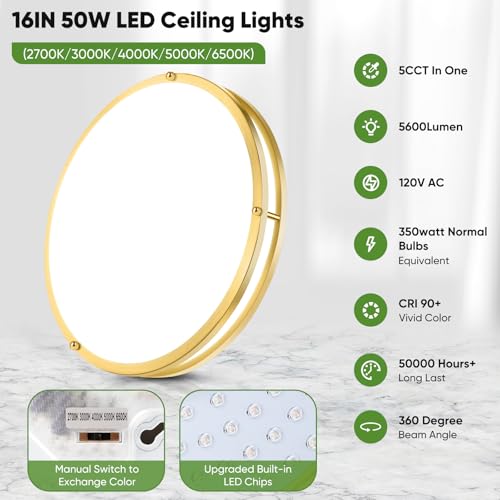 16in 50W LED Flush Mount Ceiling Light 5600lm Super Bright