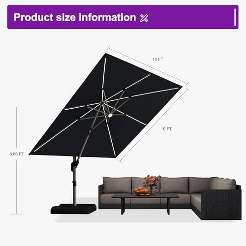 Cantilever Umbrella 10' X 10' Solar LED Light Patio Deck