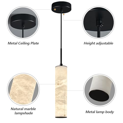 Natural Alabaster Pendant Lights 4000k Modern Black Ceiling Light White Marble Long Tube Chandelier for Kitchen Island Bedroom Dining Room Table Living Room (2.99 Count)