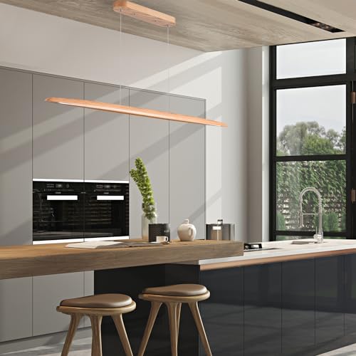 71" 40W Wood LED Linear Pendant Light Fixture Led Dining Room Light Dimmable Hanging Light Fixture for Dining Room Kitchen Island Pool Table Lights Natural Ash
