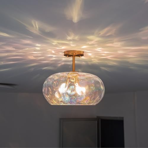 Brass Gold Semi Flush Mount Ceiling Fixture Large Hammered Glass Shade Modern Close to Ceiling Light 14" Art Lampshade for Hallway Foyer Bedroom