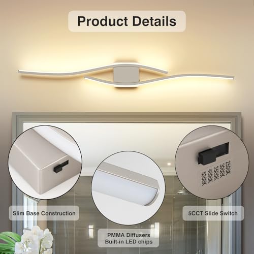 Bathroom Vanity Light Modern Bathroom Lighting Fixture Over Mirror Brushed Nickel 5CCT Dimmable Led Bath Vanity Light Bar 31.5 Inch