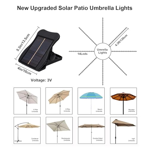 Solar Umbrella Lights Outdoor 8 Strands 8 Mode Patio Umbrella Lights
