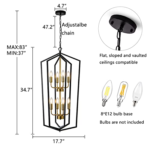 8 Light Lantern Tired Farmhouse Ceiling Hanging Light Black Chandelier Metal Modern Pendant Light Fixtures for Kitchen Island Dining Room Living Room Foyer Entryway