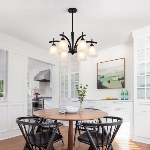 Modern Farmhouse Black Frosted Glass Chandelier Rustic Kitchen Light Fixtures 6 Lights for Dining Room Living Room Foyer Entryway Bedroom UL Listed D25.6 Inches