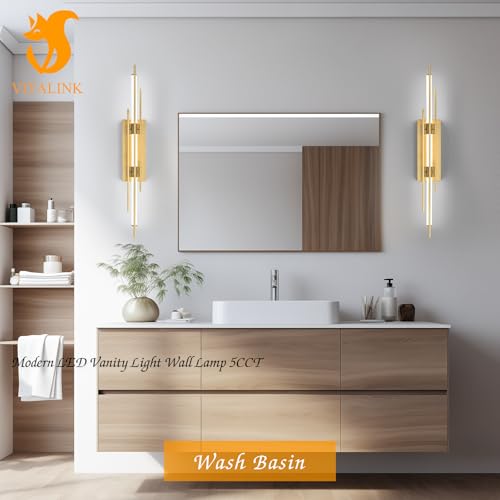 Gold LED Vanity Light 31IN Modern LED Bar Wall Light Over Vanity Mirror Hardwired Picture Light Dimmable Bathroom Wall Mount Lighting 5CCT