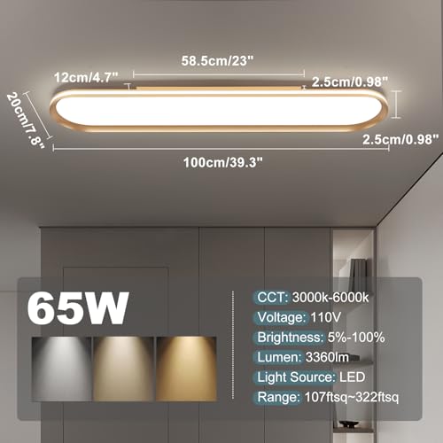 Modern LED Ceiling Light Dimmable Linear Ceiling Light 39.4in Semi Flush Mount Long Lights with Remote Control and Side Lighting for Living Room Kitchen Dining Room Gold