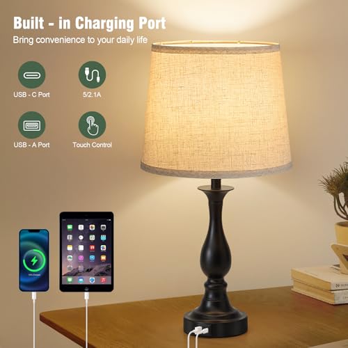 Bedside Table Lamp Touch Control Bedroom Lamps with USB A + C Charging Port 3 Way Dimmable Touch Lamps for Nightstand Living Room Bedroom Dorm Home Office Reading (2 Count)