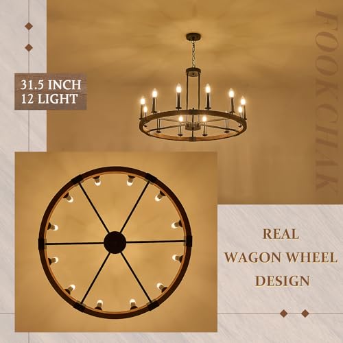 Farmhouse Wagon Wheel Chandelier 32" Wood Round Rustic Chandelier 12