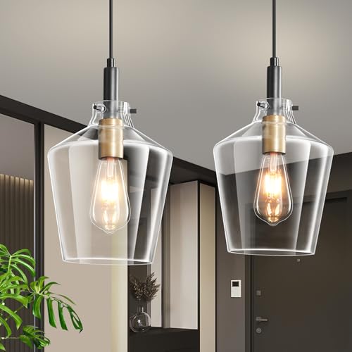 Glass Pendant Lighting for Kitchen Island 2 Pack Black Gold Clear 8 Inch (2 Count)