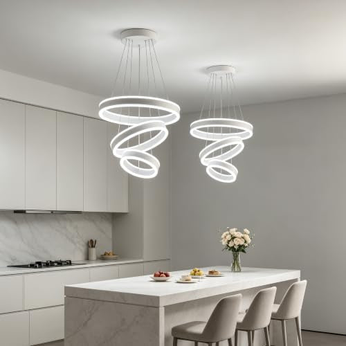 Modern LED Chandeliers Adjustable Hanging White Pendant Light Fixture 3 Ring Flush Mount Chandeliers for Bedroom