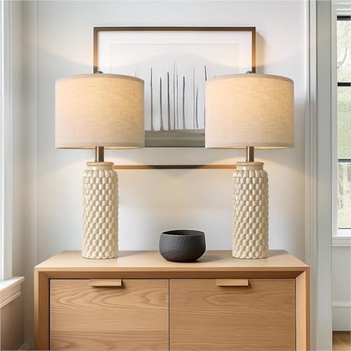 24" Modern Ceramic Bedside Lamp Set of 2 for Bedroom Decor Farmhouse Table Lamp for Living Room Office Dorm Cream (2 Count)