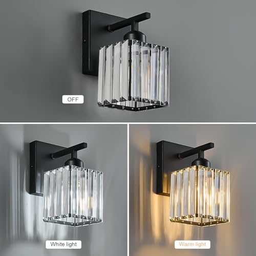 Modern Wall Sconces Set of Two Indoor Wall Lamp Black Wall Sconce Crystal Wall Light Bathroom Vanity Light Fixtures Wall Mounted Room Sconce Wall Lighting (2 Count)