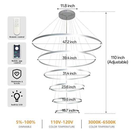 6 Rings Pendant Lights 47.2'' Modern Height Adjustable Chandeliers Sliver Led Chandelier Dimmable Sliver Chandelier Led Pendant Light for Dining Room Bedroom Living Room