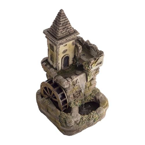 USA1164 Outdoor Floor Tiered Fairy Castle Waterwheel Water Fountain with Realistic Stone Look