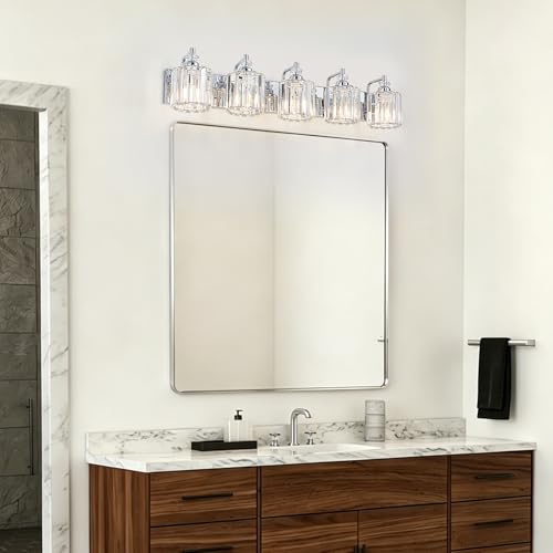 5 Light Modern Bathroom Light Fixture Chrome Bathroom Vanity Lights Over Mirror Wall Sconce Lighting with K9 Crystal Shades E26 Base for Bedroom