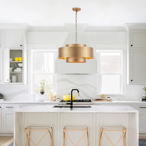 20” Brushed Brass Modern Chandelier Classic 3 Round Metal Pendant Light Contemporary Adjustable Industrial Pendant Light for Dining Room Kitchen Island Living Room Bedroom (3 Count)