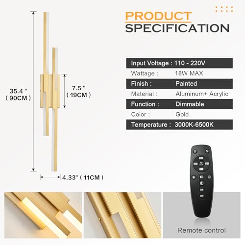 Modern LED Wall Sconce Gold Remote Wall Light Fixtures for Bathroom