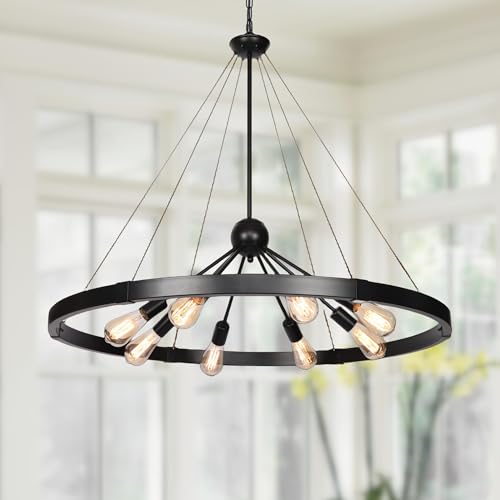 38.2'' Large Black Wagon Wheel Chandelier for Dining Room