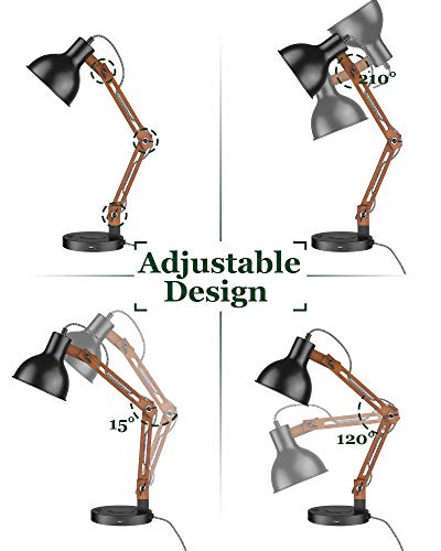 Modern Sapele Wood Desk Lamp with Upgraded Wireless Charger & USB C Charging Port Swing Arm Table Lamp Bedside Reading Task Light for Dorm Office Bedroom Living Room LED Bulb Included Black