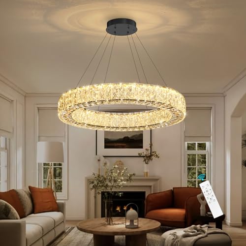 Modern Round Crystal Chandelier Dimmable LED Hanging Light Fixture with Remote for Living Room Dining Room Bedroom Black